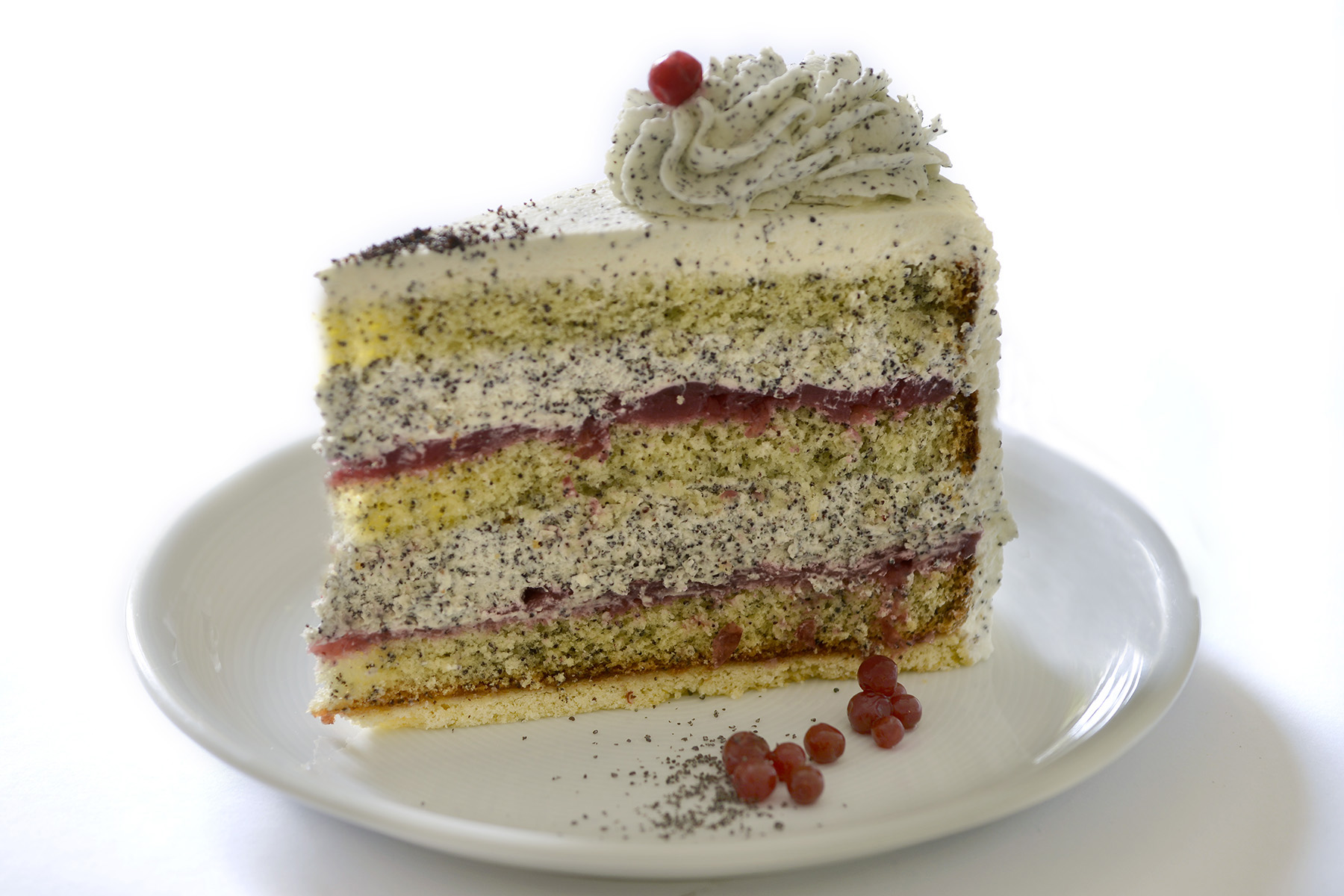 Mohn-Preiselbeertorte ohne Gelatine, Stück 